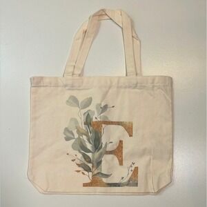 Tote Bag Canvas Initial E Botanical Floral Print Natural Cream